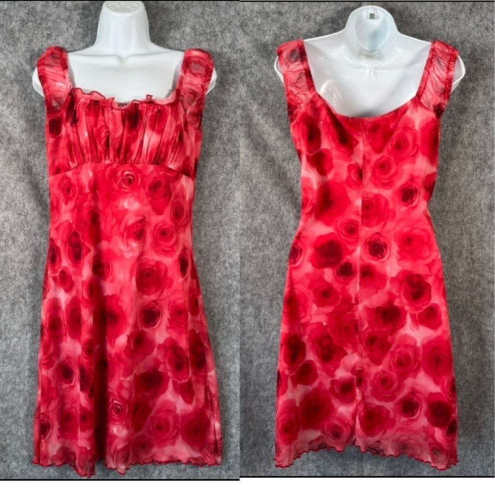 Y2K Babydoll Dress Womens Large Fairycore Milkmaid Vtg 90s Floral Red Chiffon